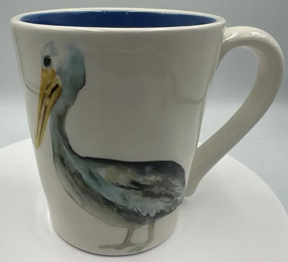 Pier 1 Pelican Bird Stoneware Coffee Mug Blue Interior Watercolor China